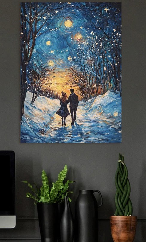 Winter Walk Under Starry Night Painting — metal poster wall art by Lineer